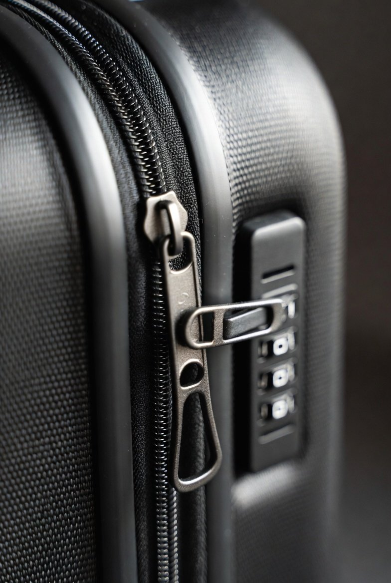 Close-up of luggage zipper and TSA lock hardware detail