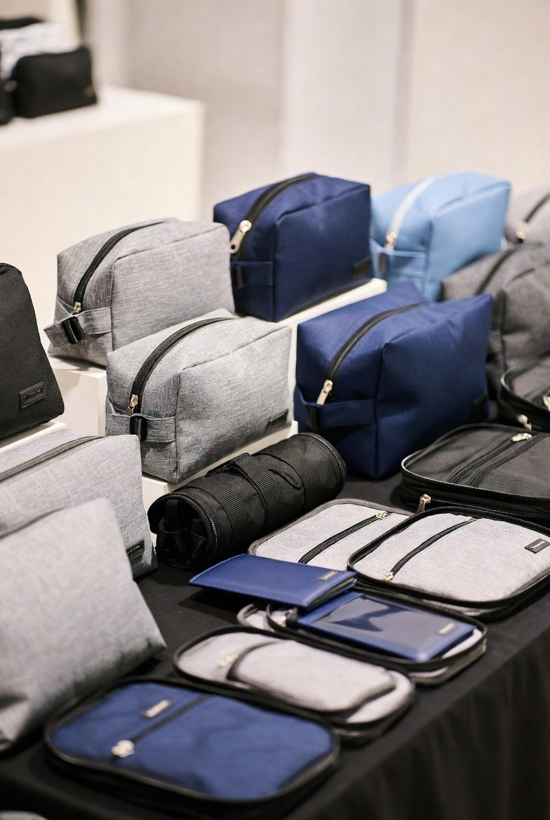 Toiletry bags passport holders and cable organisers arranged on a display table