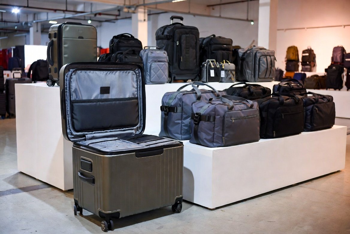 Premium luggage display in a Singapore travel goods showroom